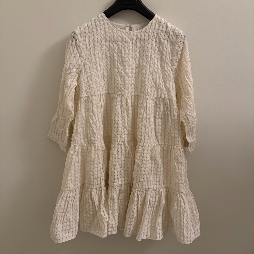 En Saison Ivory Textured Checkered Shift Dress Ruffle 3/4 Sleeve Size M